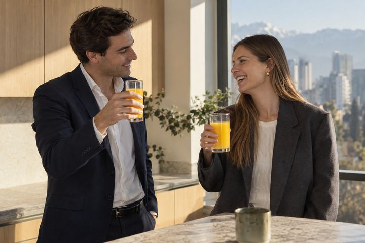 Dos colegas conversando con un vaso de jugo de naranja en la oficina