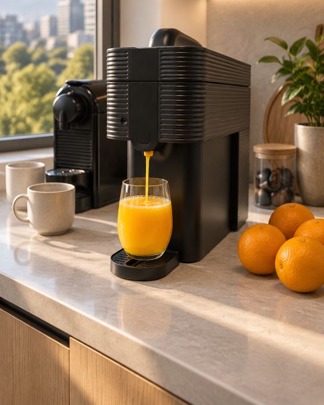 Máquina exprimidora sirviendo un vaso de jugo de naranja, junto a la cafetera de una oficina